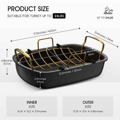 Slow Slog Roasting Pan, 17 Inch x 13 Inch Roaster with Removable Rack, Nonstick Roaster Pan for Roasting Turkey, Meat & Vegetables (Gold)