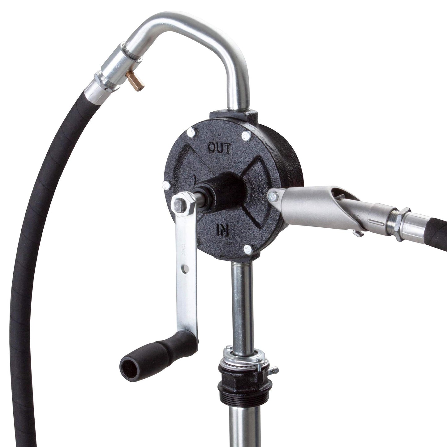 Groz Industrial Rotary Fuel Pump, FM-Approved Cast Iron, 3-Vane, 38 LPM/10 GPM, 8 ft Anti-Static Hose, Aluminum Nozzle, Vacuum Breaker & Flame Arrestor, 2 in Bung, Fits 15-55 Gal Drums (44082)
