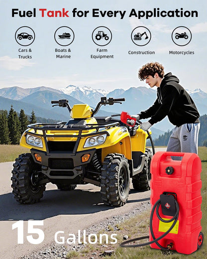 Garvee 15 gal Gas Can, Heavy-Duty Gas Tank and Fuel Caddy with Manual Fuel Transfer Pump, Portable Fuel Tank on Wheels with 10 ft Hose for Lawn Mowers, Cars, Boats, ATVs, Home and Farm Use, Red
