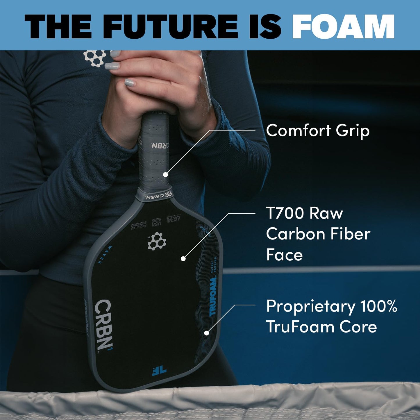 CRBN Pickleball - TruFoam Waves Paddle - Square - Carbon Fiber Pickleball Paddle - 100% Foam Core Designed for Maximum Power, 14mm