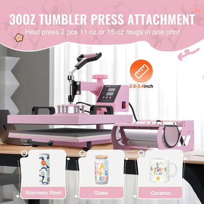 VEVOR Heat Press Machine 15x15 inch, Heat Press Machine for T-Shirts, 5 in 1 Heat Press with 30 OZ Tumbler Press, Combo Tumbler Heat Press Machine Sublimation for Hat Cap Mug Plate, Pink