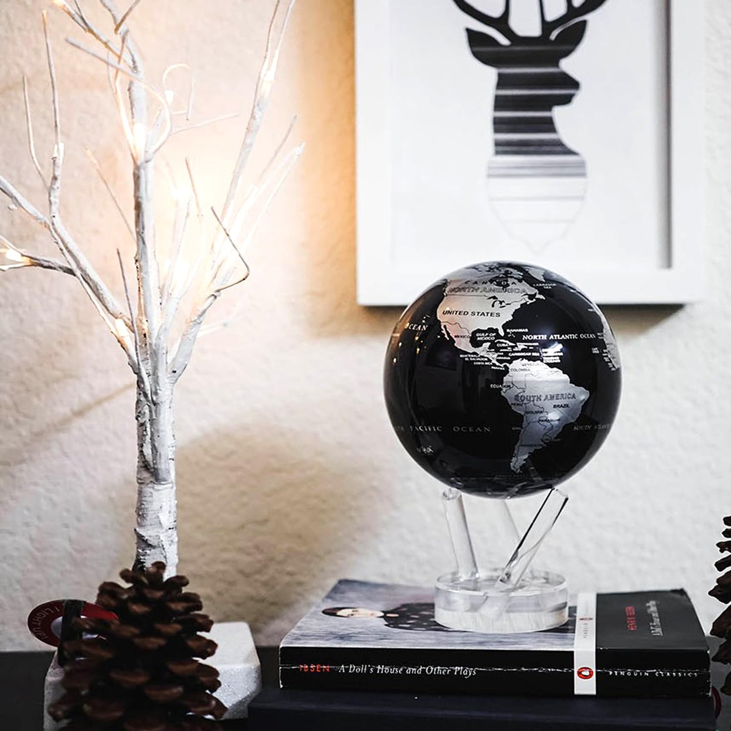 MOVA Globe - Jet Black and Silver Prestige (8.5") | Solar-Powered Rotating Desk Globe with Minimalist Map Design | No Batteries or Cords | Modern Decor Gift