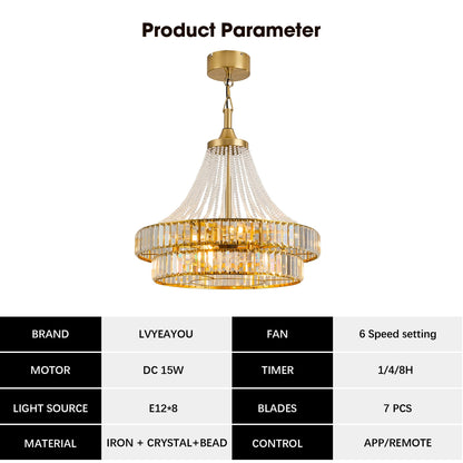 LVYEAYOU 24“ Modern Crystal Chandelier Ceiling Fan with Lights, Remote & App Control, 6-Speed Reversible Large Fandelier, Double Layer Design for Bedroom, Living Room (Luxury Gold)