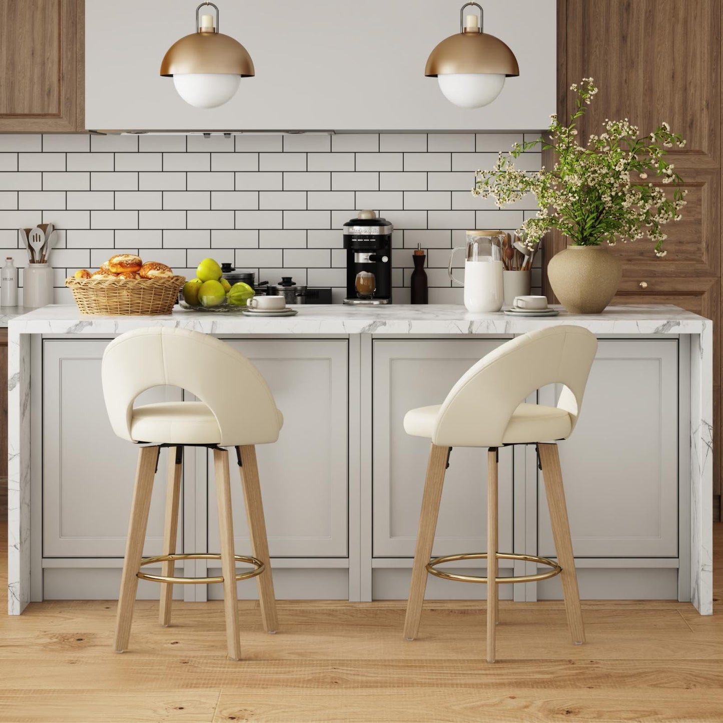 FERFALDER Bar Stools Set of 2, Swivel Counter Height Bar Stools with Bentwood Legs,Metal Footrest,Mid Century Modern Faux Leather Upholstered Counter Stools for Kitchen Island, Bar, Restaurant-Beige