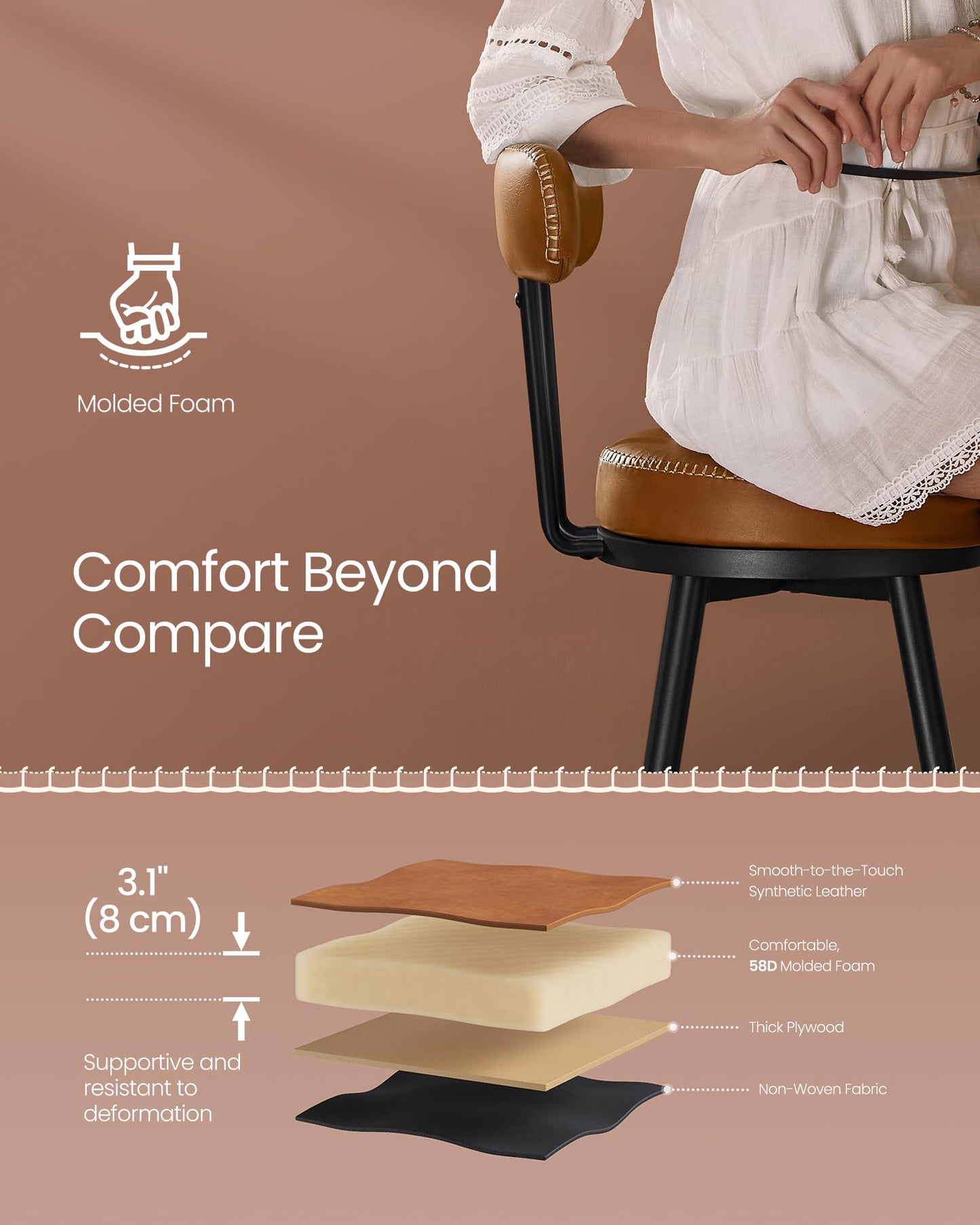 VASAGLE EKHO Collection - Bar Stools Set of 4, Swivel Bar Height Bar Stools with Back, Synthetic Leather with Stitching, Mid-Century Modern, 30-Inch Tall Barstools for Kitchen Home Bar, Caramel Brown