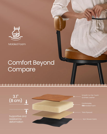 VASAGLE EKHO Collection - Bar Stools Set of 4, Swivel Bar Height Bar Stools with Back, Synthetic Leather with Stitching, Mid-Century Modern, 30-Inch Tall Barstools for Kitchen Home Bar, Caramel Brown