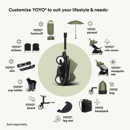Stokke YOYO3 Stroller from 6 Months - Includes Black Frame/Olive Seat Cushion + Canopy - Folds in & Out in a Flash - Light & Compact - Carry-On Compatible