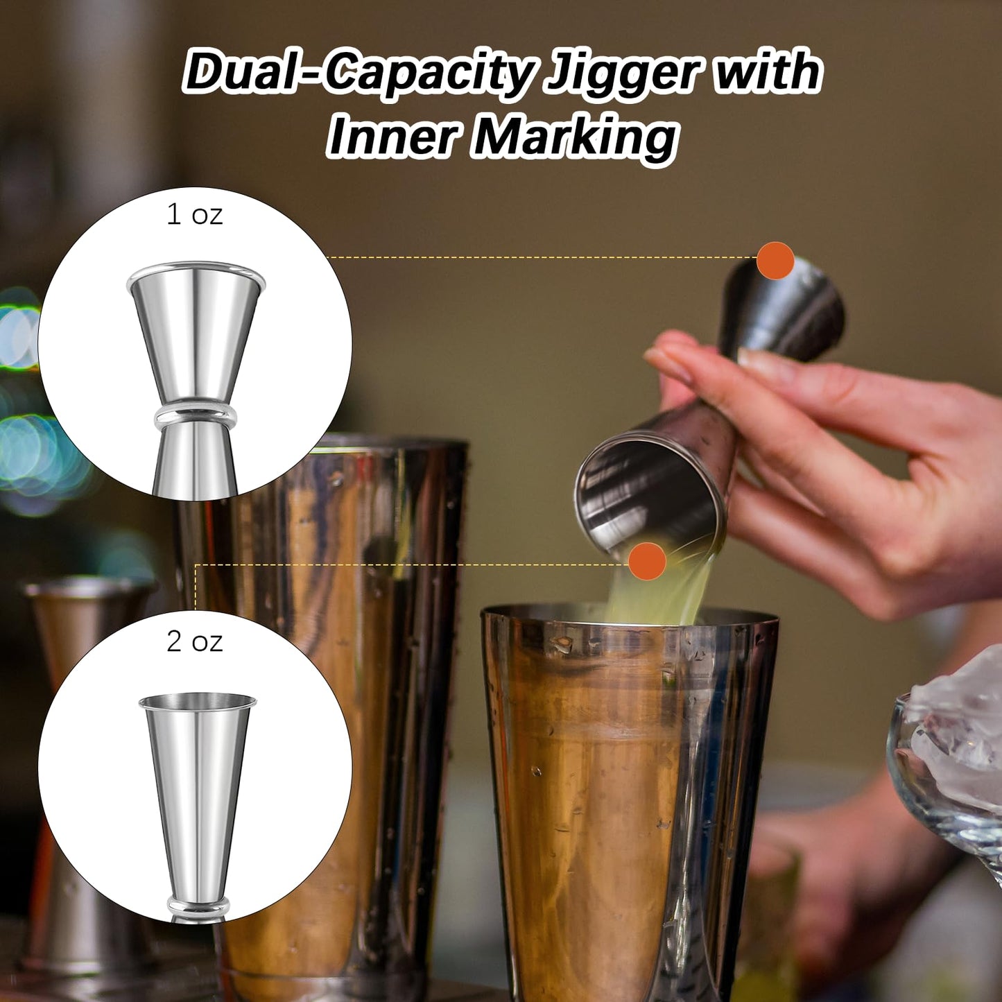 Professional Cocktail Shaker, Professional 5-Piece Bartender Kit with Boston Shaker, Hawthorne Strainer, Double Measuring Cocktail Jigger, and 10-inch Mixing Spoon, Stainless Steel Martini Shakers