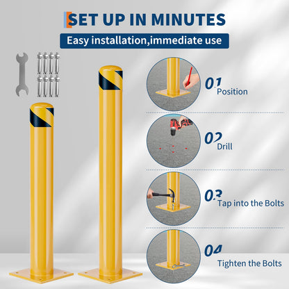 Heavy Duty Steel Safety Bollards 4 Pack, 42 Inch Bollard Posts with Reflective Tape & Anchor Bolts, Removable Parking Bollards for Warehouse, Garage, Parking Lot, Driveway, 4.5 Inch Diameter