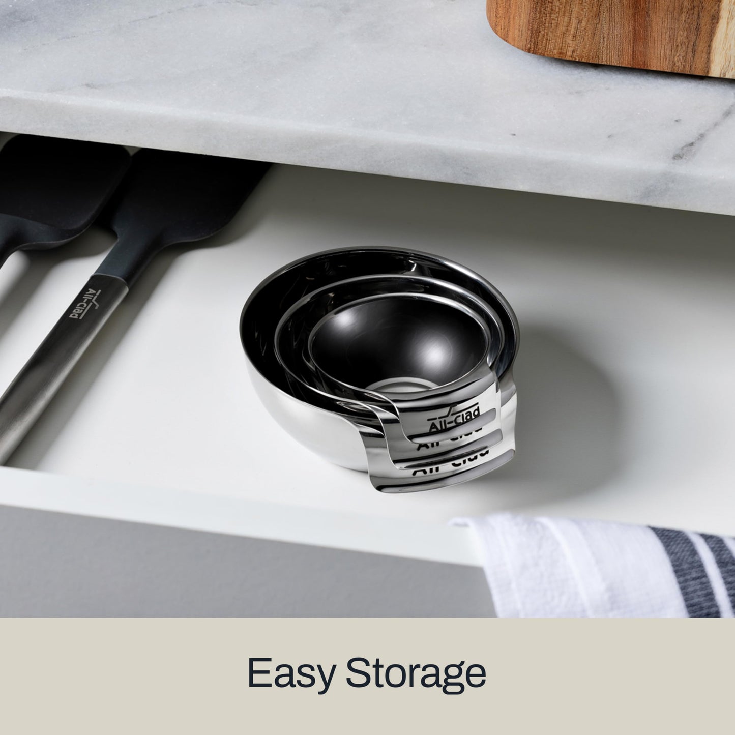 All-Clad Kitchen Essentials Stainless Steel Mini Measuring Bowl Set 3 Piece, Includes 1, 1/2 and 1/4 Stackable Measuring Cups, Gadgets for Cooking & Baking, Cookware Tools, Dishwasher Safe, Silver