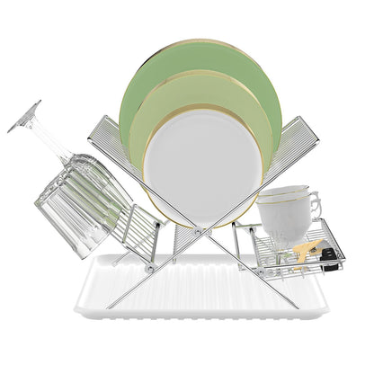 Dish Rack with Drip Tray, Stainless Steel 3-Tier Collapsible Drainer Dish Drying Rack for Kitchen Counter, Sink, Countertop,Cutlery, Dishes Utensils Flatware Holder Set, Reversible Cup Draining Rack