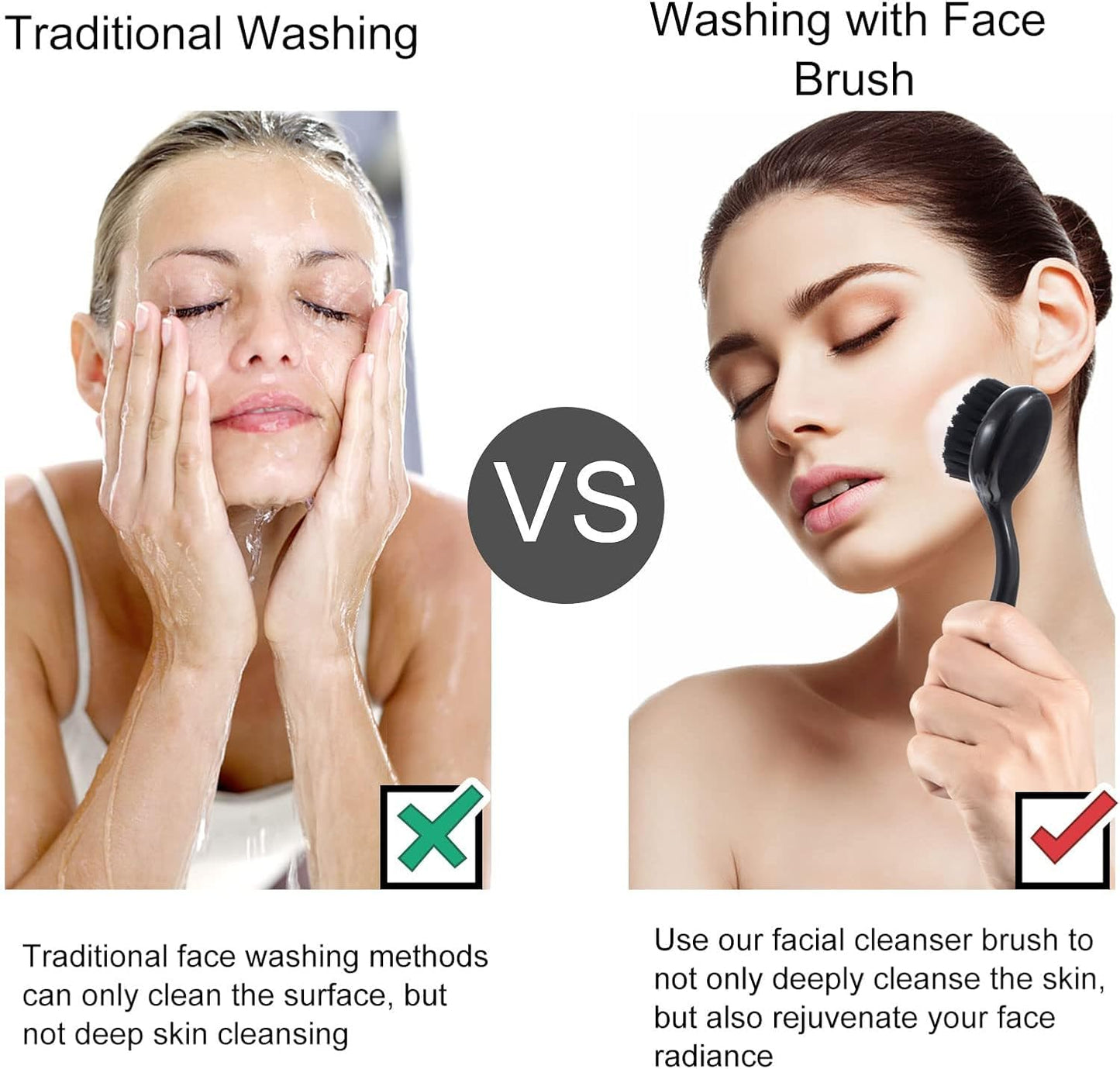 2 Pcs Large Facial Cleansing Brush, Face Brush Cleanser, Upgraded Soft Exfoliating Face Wash Brush Face Scrubber for Skincare, Black Charcoal Bristles Glitter Handle