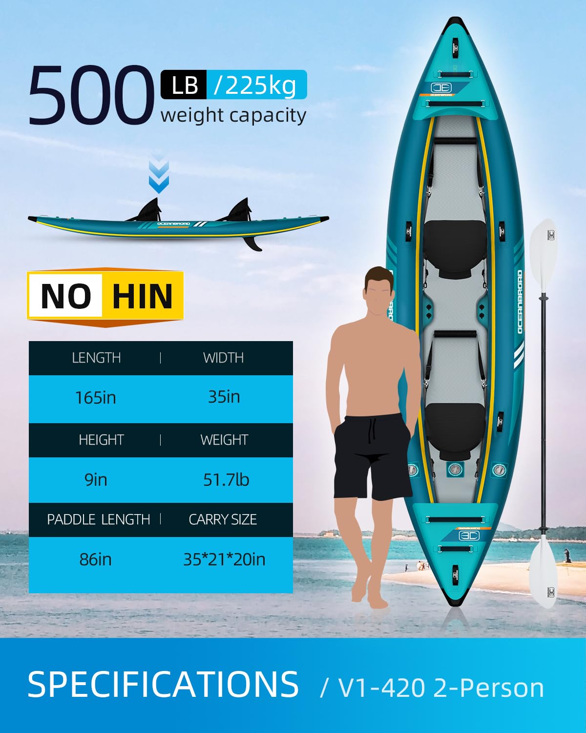 OCEANBROAD V1-420 Inflatable Sit-in Kayak(NO HIN) for Adults with Paddle, Kayak Seat, Pedal, Hand Pump and Bag, 4.2m/13ft 2-Person Kayak, Blue