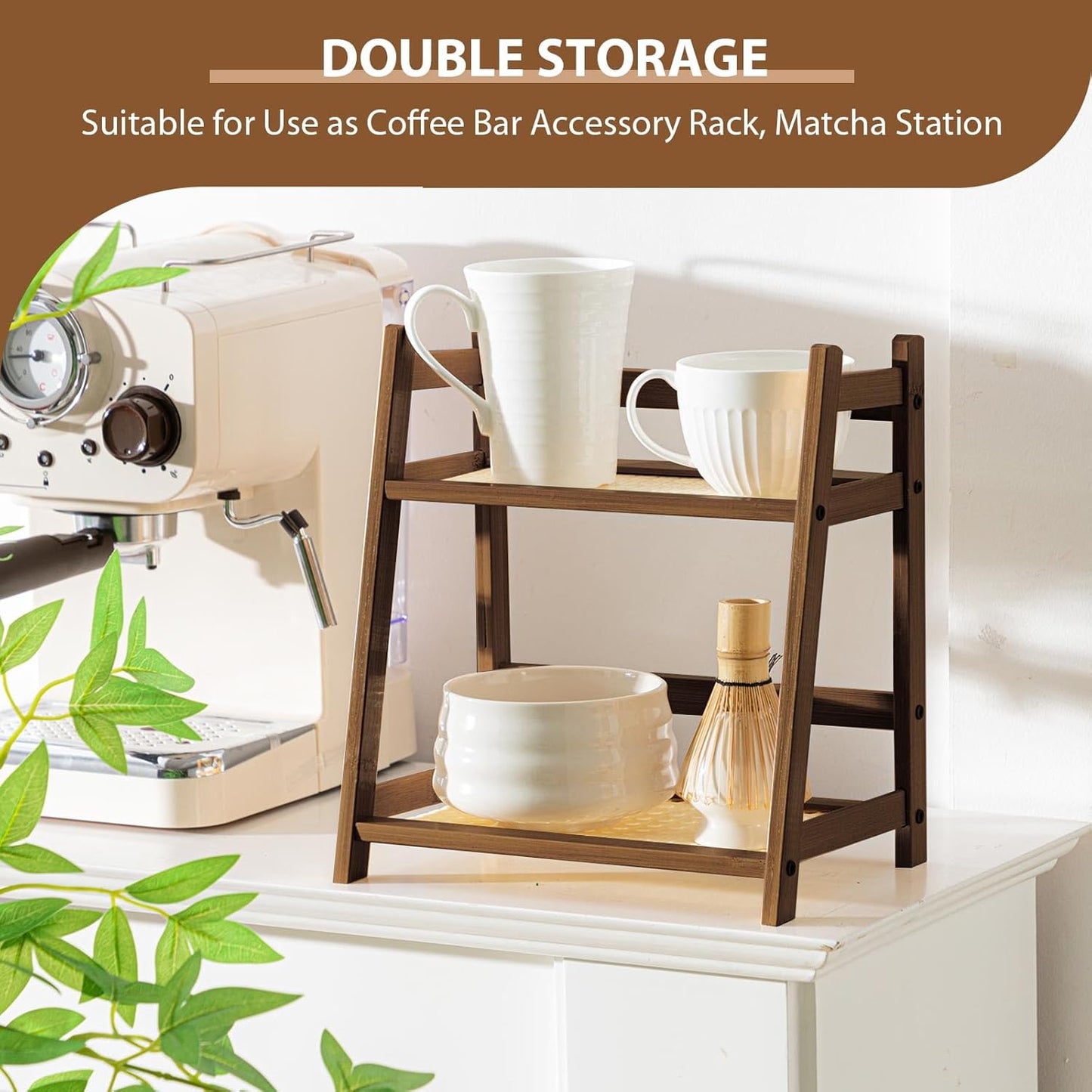 1 2 Countertop Display(Brown,10.2 Inch) Yalikop Pcs Tier Matcha Station Shelf Bamboo Coffee Mug Stand Storage Rack
