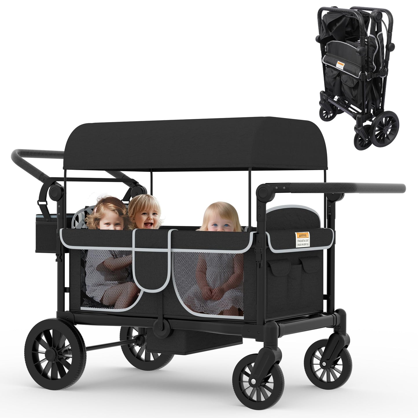 Xilingol 4-Seater Wagon Stroller for Kids, Foldable Outdoor Wagon with Canopy, Adjustable Handle, 5-Point Harness, Detachable Tray & Carry Bag (Black)