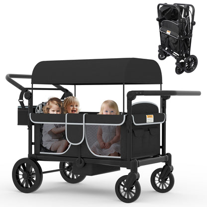 Xilingol 4-Seater Wagon Stroller for Kids, Foldable Outdoor Wagon with Canopy, Adjustable Handle, 5-Point Harness, Detachable Tray & Carry Bag (Black)