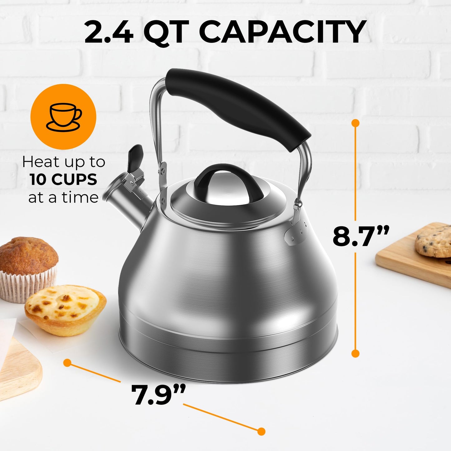 Stovetop Whistling Tea Kettle – 2.4 QT Stainless Steel Teapot with Ergonomic Handle, Fast Heating for Gas, Electric & Induction Stoves – Satin Finish, Silver