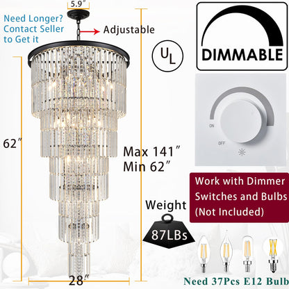 Arotikee Luxury 37-Light Crystal Chandelier for High Ceilings, Modern Black Extra Large Staircase Chandelier for 2-Story Foyer, Entryway & Villa Living Room