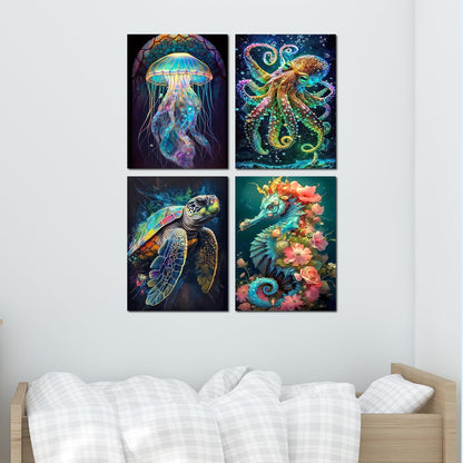 Muzagroo Art 5D Diamond Painting Kits for Adults, DIY Diamond Art Kits for Beginners, Turtle Diamond Dot Kits Gem Arts and Crafts for Living Room, Gem Painting Bedroom 4 PCS Wall Art