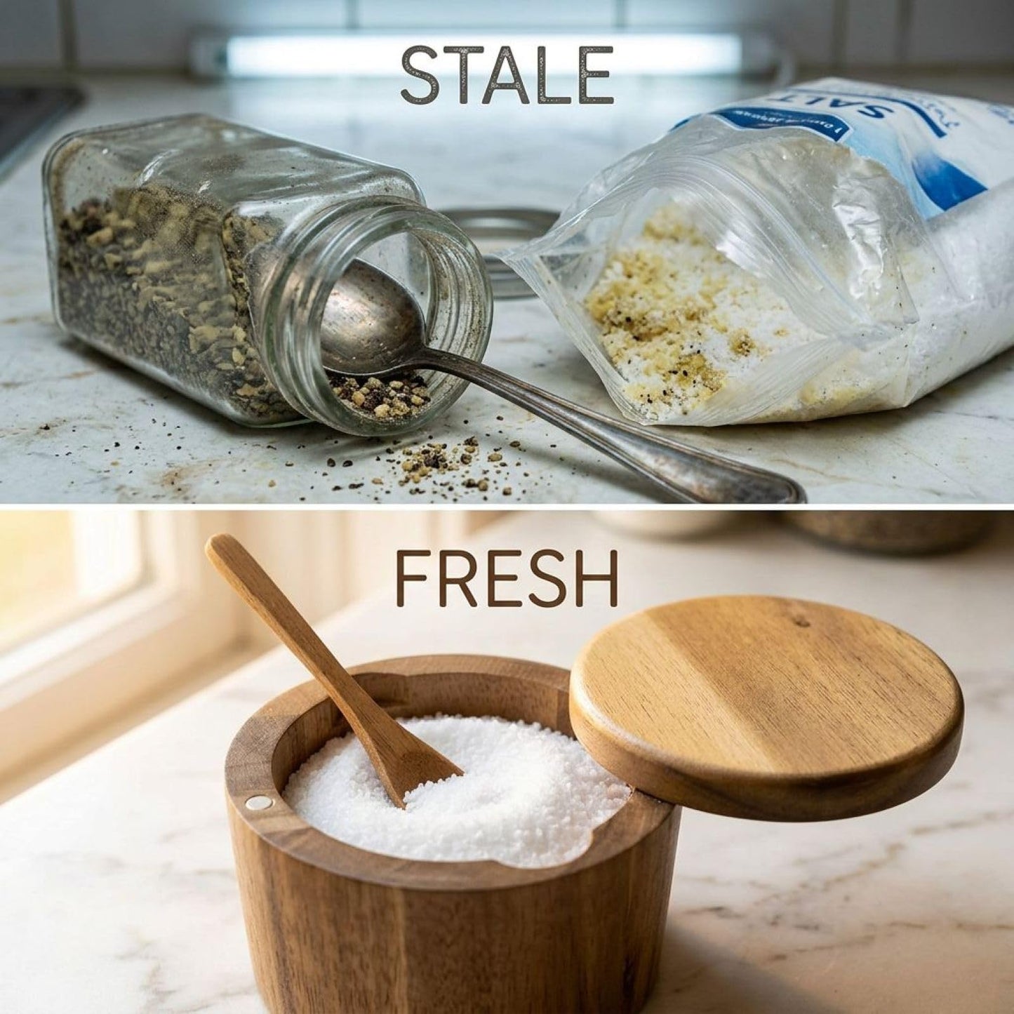 ZALIR 2 Pcs Acacia Wood Salt Cellars, Built-in Spoons, Secure-Clasp Lids, Single & Double Compartment Spice Containers, Dustproof Moisture-proof Seasoning Storage for Kitchen, 3.54 x 3.54 x 2.76 in