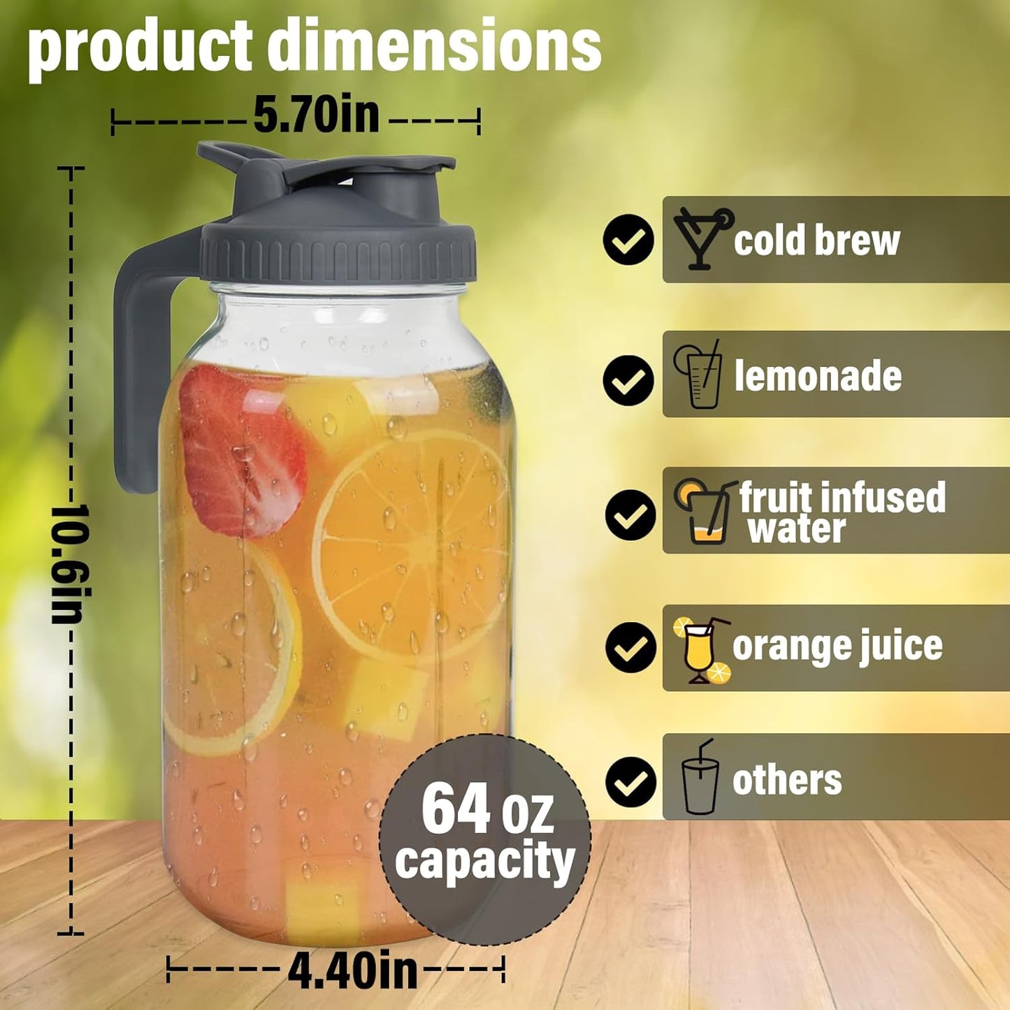 Cold Brew Coffee Maker - 64 Oz (2 Quart) Wide Mouth Glass Mason Jar with Stainless Steel Filter