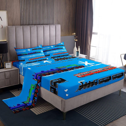Set Set 4Pcs Feelyou Train Kids Boys Bed Sheets Retro Steam Engine Toddler Sheet for Teens Railway Track Transport Bed