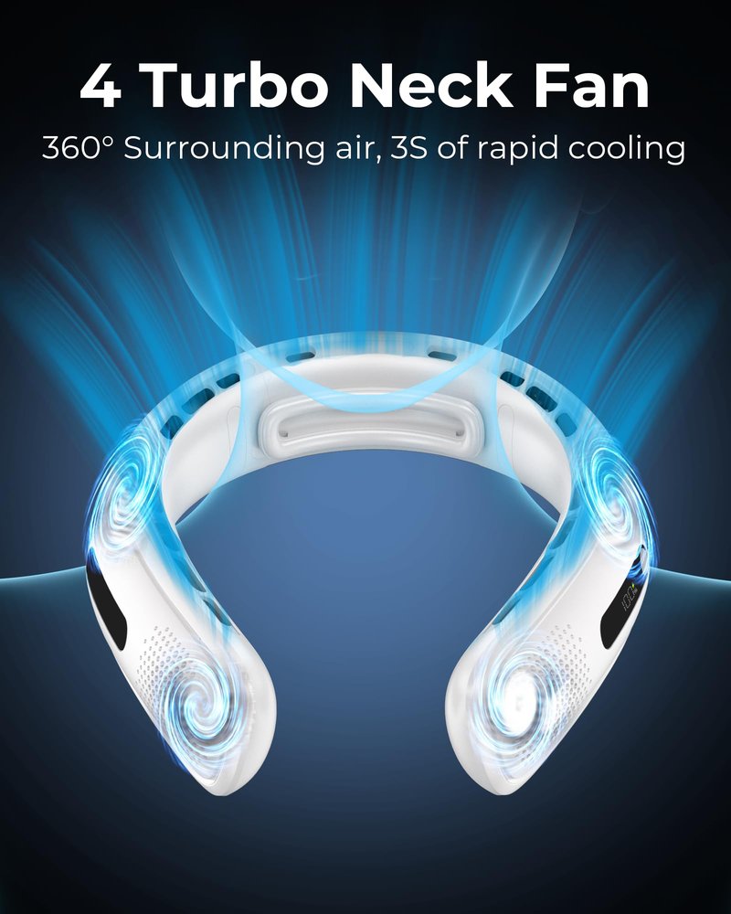 Jkjoy Portable Neck Fan, 4 Turbo Bladeless Neck Fan, 4000 mAh Battery Operated USB Rechargeable Personal Fan, 360° Cooling Hands Free Fan, 3 Speeds, LED Display, Wearable Fan for Office Travel Gifts
