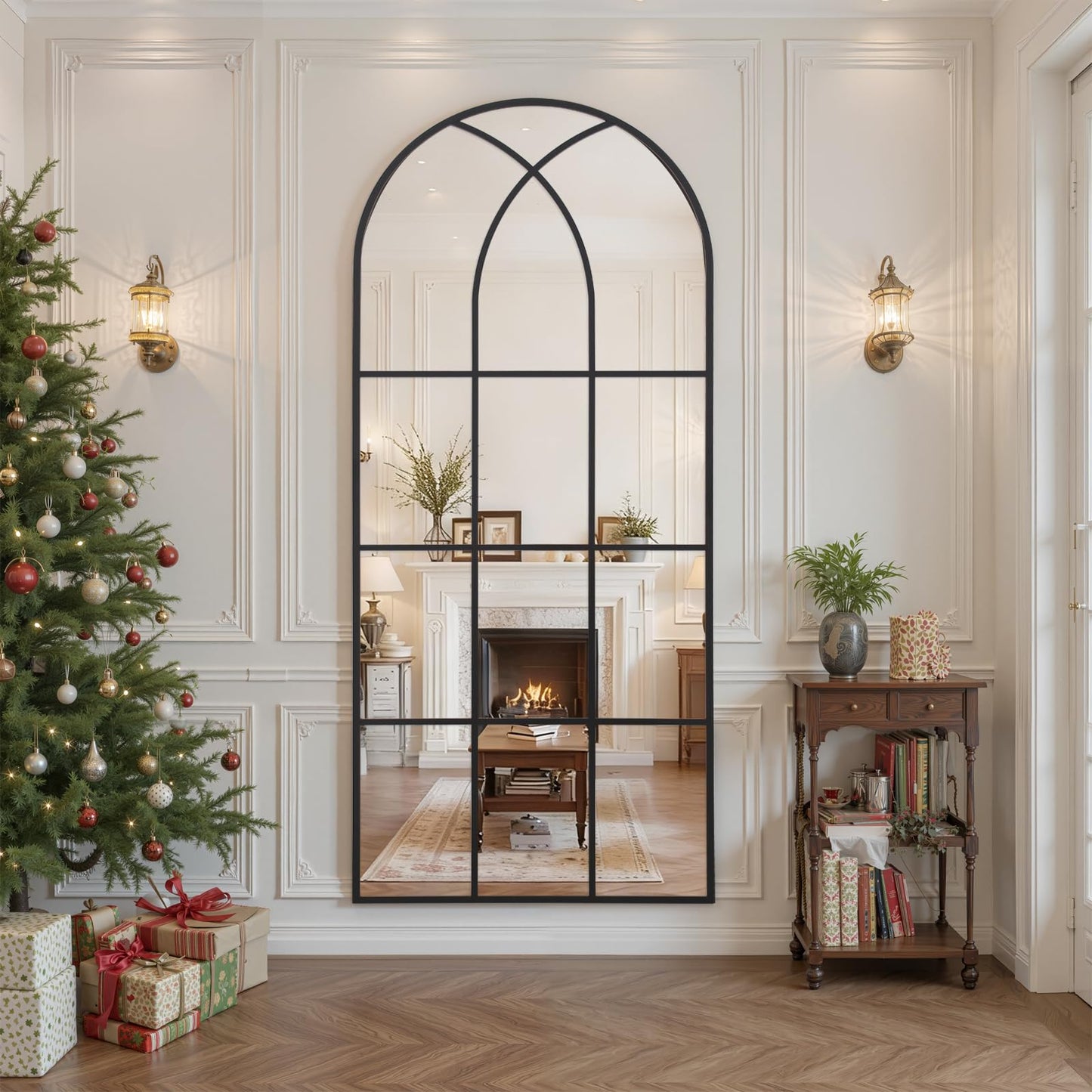 Arched Window pane Full Length Mirror 24"x65", Full Body Standing Mirror, Window Shaped Farmhouse Style with Aluminum Frame, Decor Wall Mirrors for Living Room, Courtyard, Bedroom, Entryway, Black