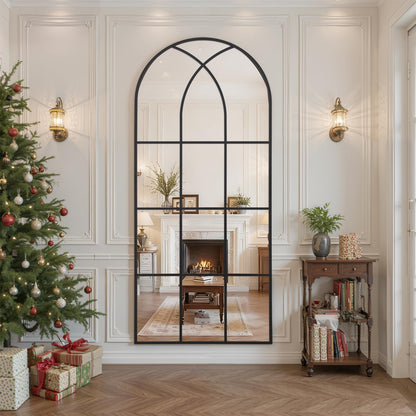 Arched Window pane Full Length Mirror 24"x65", Full Body Standing Mirror, Window Shaped Farmhouse Style with Aluminum Frame, Decor Wall Mirrors for Living Room, Courtyard, Bedroom, Entryway, Black