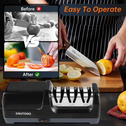 Enutogo Knife Sharpener, Professional 3-Stage Electric Knife Sharpener for Kitchen Knives, 100% Diamond Abrasive for 20° Precision Angle Guide, Quickly Sharpening and Polish Blades