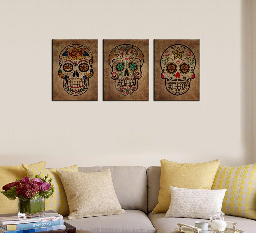 12" 16" 3 Canvas Wall Art Sugar Skull Vintage Abstract Canvas Picture Day of The Dead Contemporary Art Design Framed