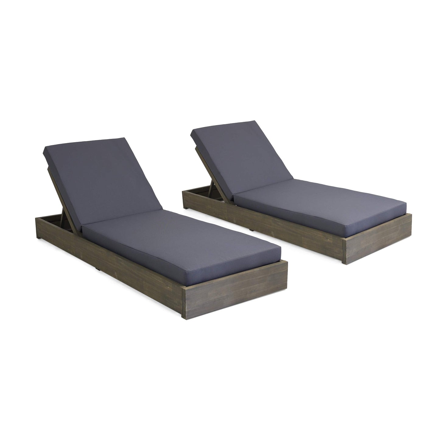 Abraham Outdoor Acacia Wood Chaise Lounge with Cushion (Set of 2), Gray and Dark Gray