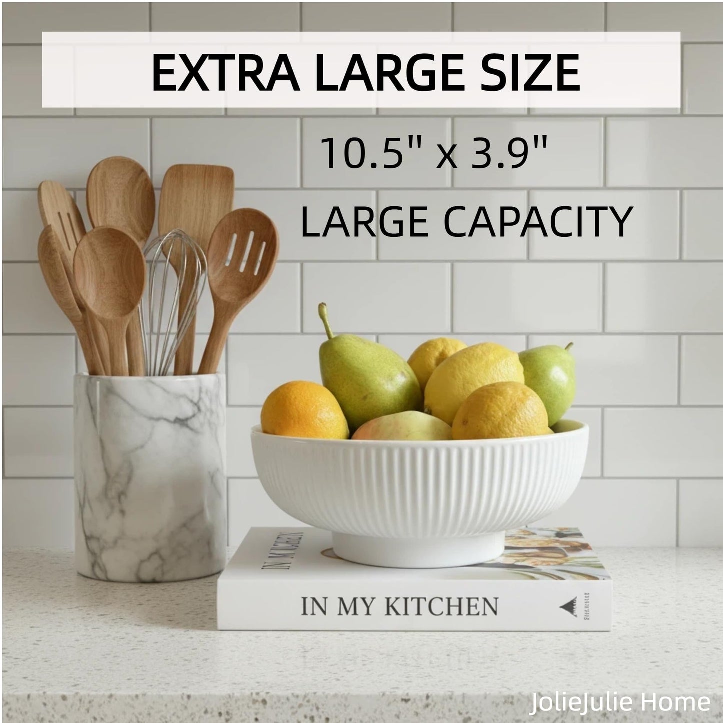JolieJulie Ceramic Fruit Bowl,10.5" Decorative Bowl, White Fruit Bowl for Kitchen Counter, Purse Bowl, Key Bowl, Kitchen Island Décor, Centerpiece for Dining Table (Cream White)