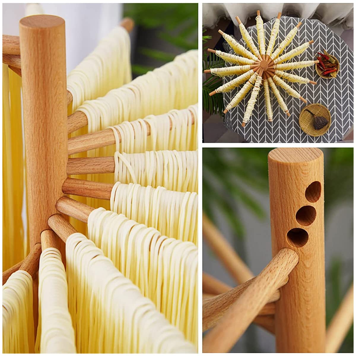 Collapsible Pasta Drying Rack Wooden Spaghetti Stand Dryer with 16 Suspension Rods Homemade Fresh Noodle Hanger Easy Storage(Log Color)
