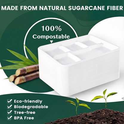 Tinybee 100% Compostable 5 Compartment Paper Plates 12.5 * 8.6 Inch [100-Pack] Large Heavy Duty Divided Disposable Eco-Friendly Bagasse Plates Lunch Trays for Buffet/Party/School (BPI-Certified) White