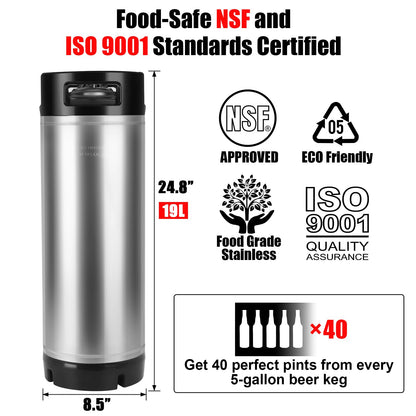 Ferroday Upgraded 5 Gallon Ball Lock Keg, Stainless Steel Corny Keg with Ball Lock Post, Portable Cornelius Beer Keg with Dual Rubber Handle, Gasket Set for Commercial Home Brewing