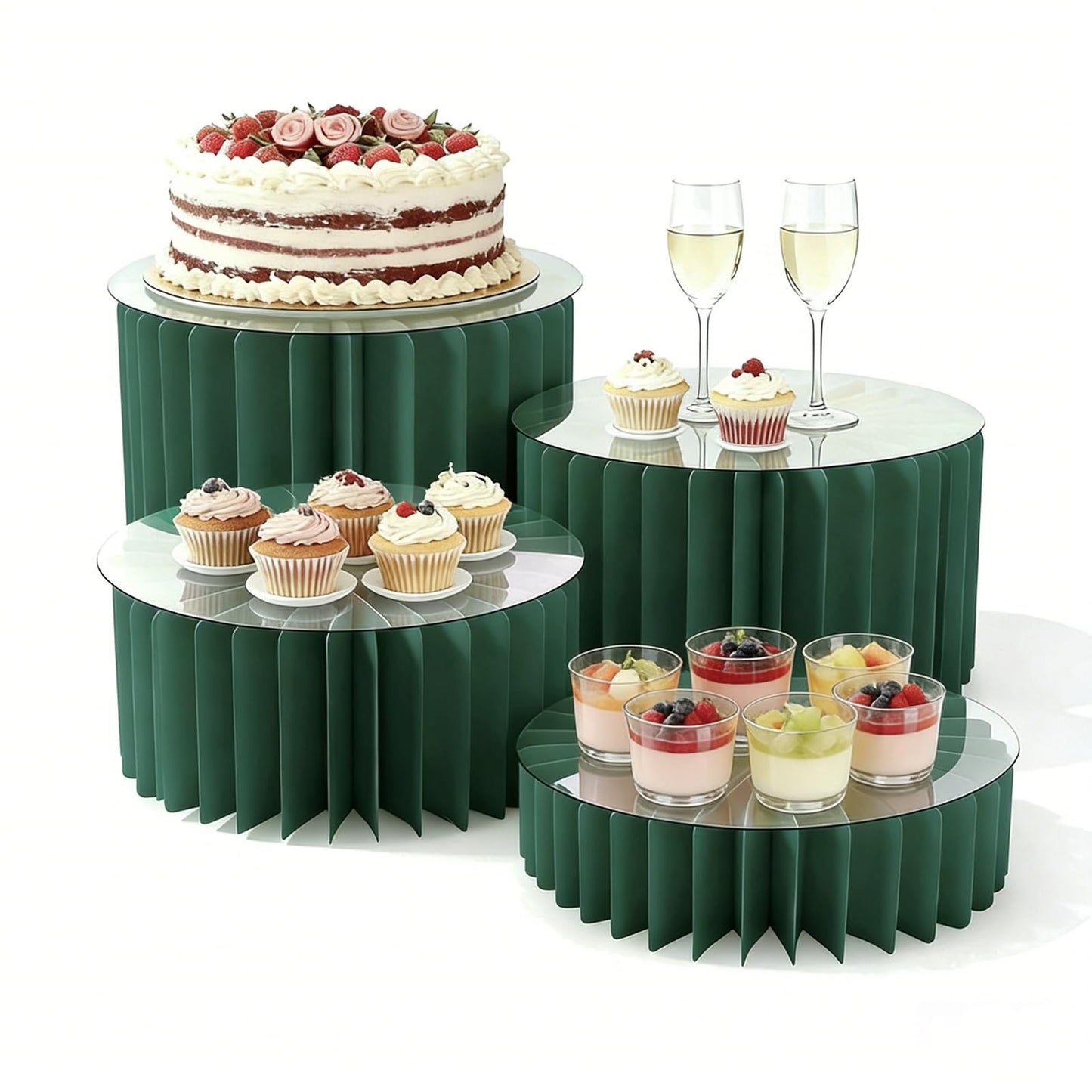 Wdpqyy 4 Pack Foldable Buffet Risers, Cardboard Cylinder Stands Food Display Risers with Acrylic Plates, Cake Cupcake Stands for Buffet Table, Dessert Table, Party Wedding Birthday Decor (Green)