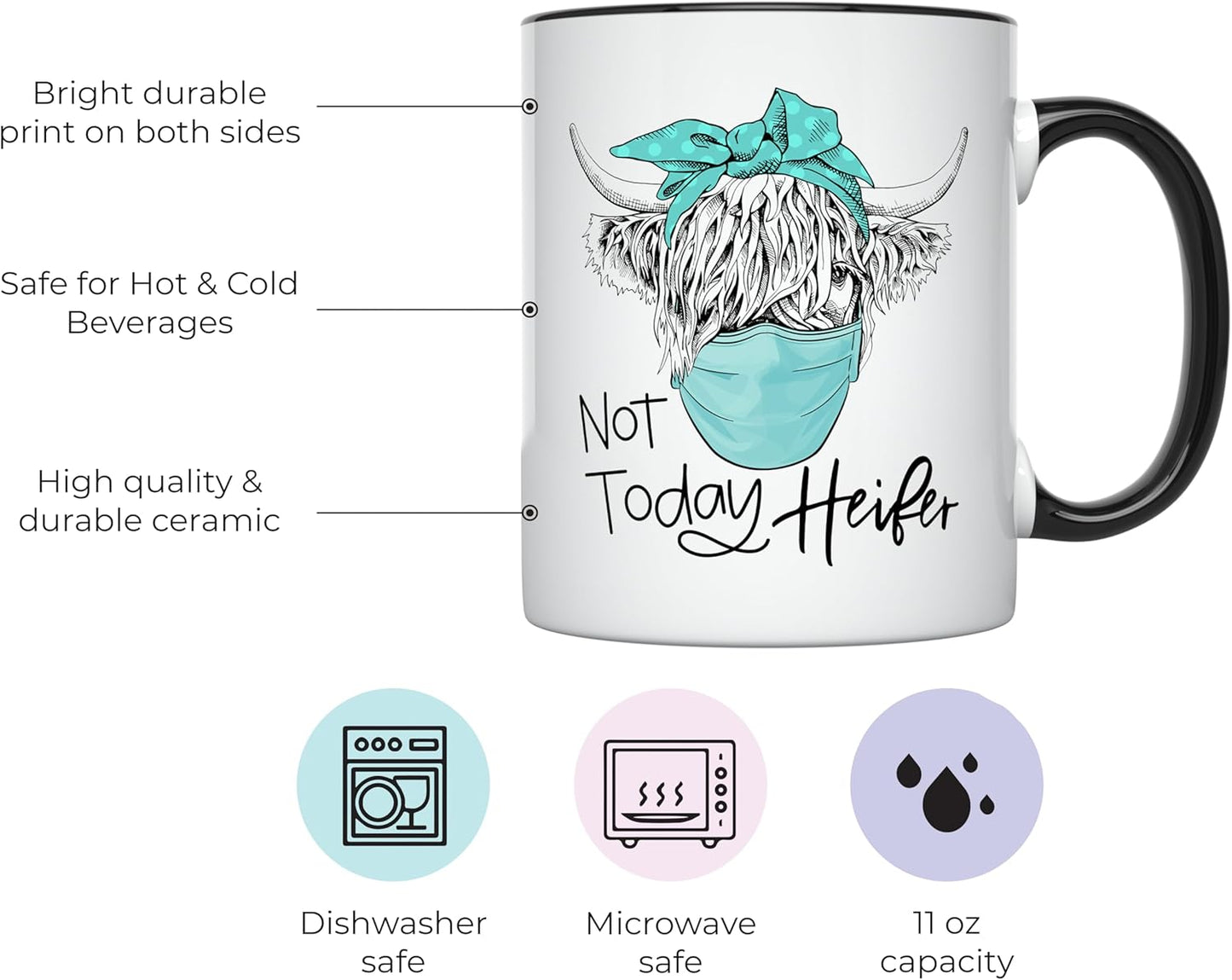 YouNique Not Today Heifer Mug - 11 Ounces Cow Coffee Mug - Social Distancing Cow Cup (Black Handle)