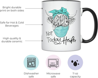 YouNique Not Today Heifer Mug - 11 Ounces Cow Coffee Mug - Social Distancing Cow Cup (Black Handle)