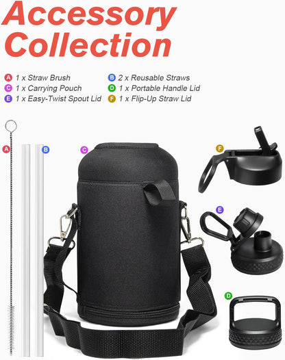 Water Bottle Insulated 64 oz with Straw & 3 Lids, Coolflask Half Gallon Metal Jug, Non-BPA