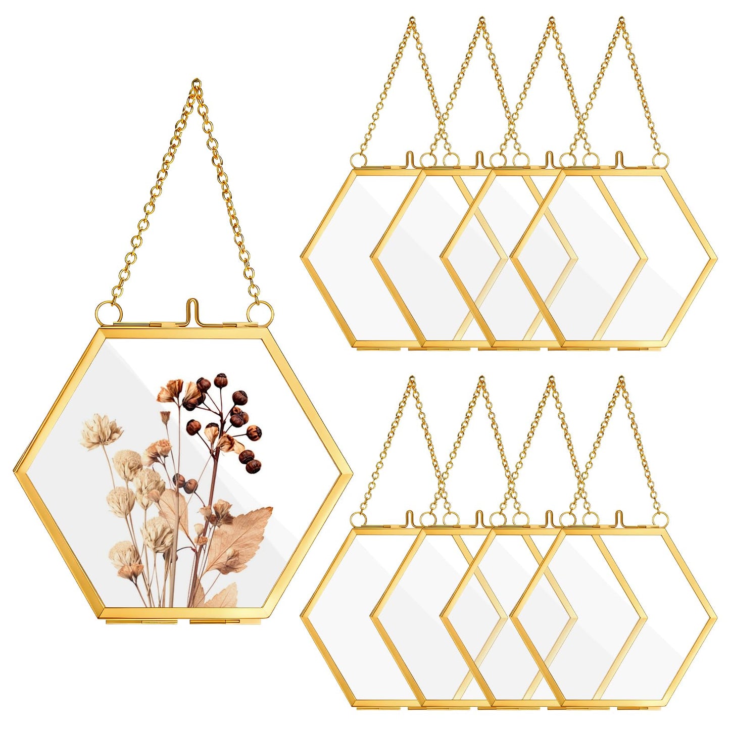 Yuanan 8 PCS Double Glass Frame for Pressed Flowers Handmade, 4 X 3 Inch Pressed Flower Frames with Metal Chain Brass Hanging Glass Frame for DIY Dried Flower, Art Display and Wall Decoration-Gold