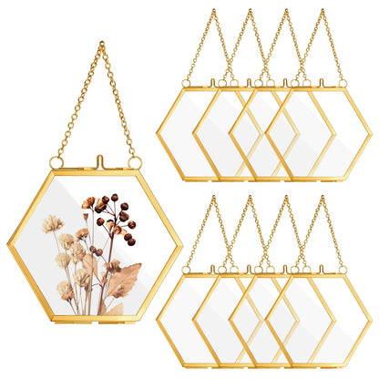 Yuanan 8 PCS Double Glass Frame for Pressed Flowers Handmade, 4 X 3 Inch Pressed Flower Frames with Metal Chain Brass Hanging Glass Frame for DIY Dried Flower, Art Display and Wall Decoration-Gold