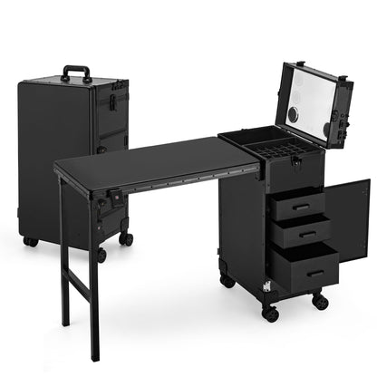 ZhenGuiRu Portable Manicure Table 3 Drawers, Rolling Lockable Makeup Train Case with Blueteeth Speaker and Nail Polish Organizer, Foldable Nail Desk with Mirror & TSA Lock for Nail Tech and Salon Use