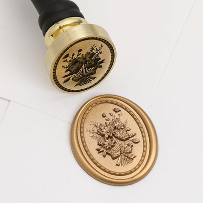 UNIQOOO 3D Relief Wax Seal Stamp, Vintage Frame Bouquet Botanical Brass Head with Wood Handle, Aesthetic Floral Sealer for Wedding Invitations, DIY, Gift Wrapping, Envelopes, Christmas Cards