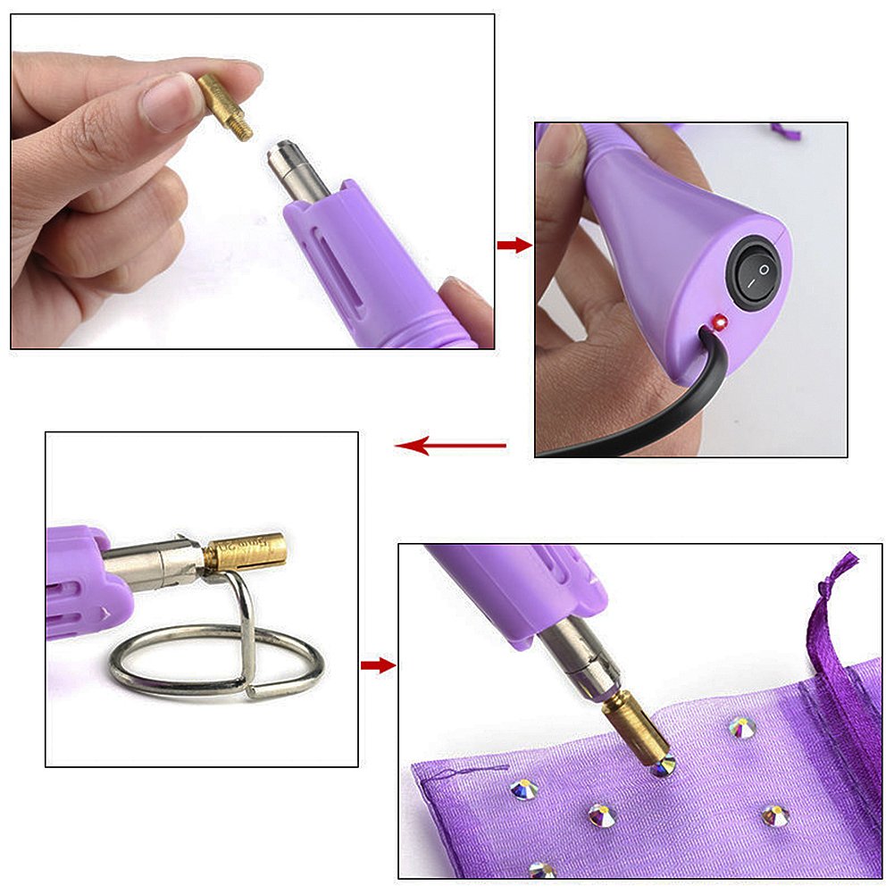 Hotfix Rhinestone applicator 7 in 1 Professional Iron-on Hot Fix Wand Crystal Gem Rhinestone Heat-fix Tool (Purple)