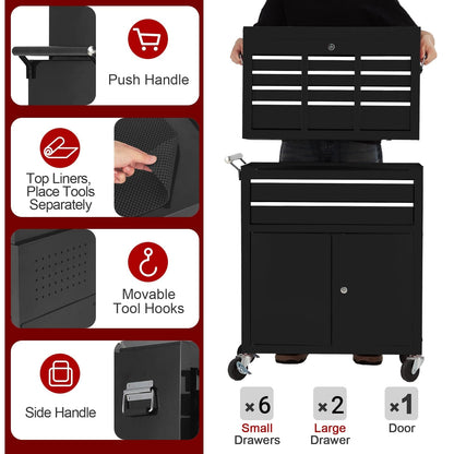 Tool Box with Wheels,24in 8-Drawer Rolling Tool Chest and Organizer for Garage & Workshop, Includes Detachable Top, Lockable Wheels and Sliding Drawers, Essential Tool Chest Cabinet Organizer