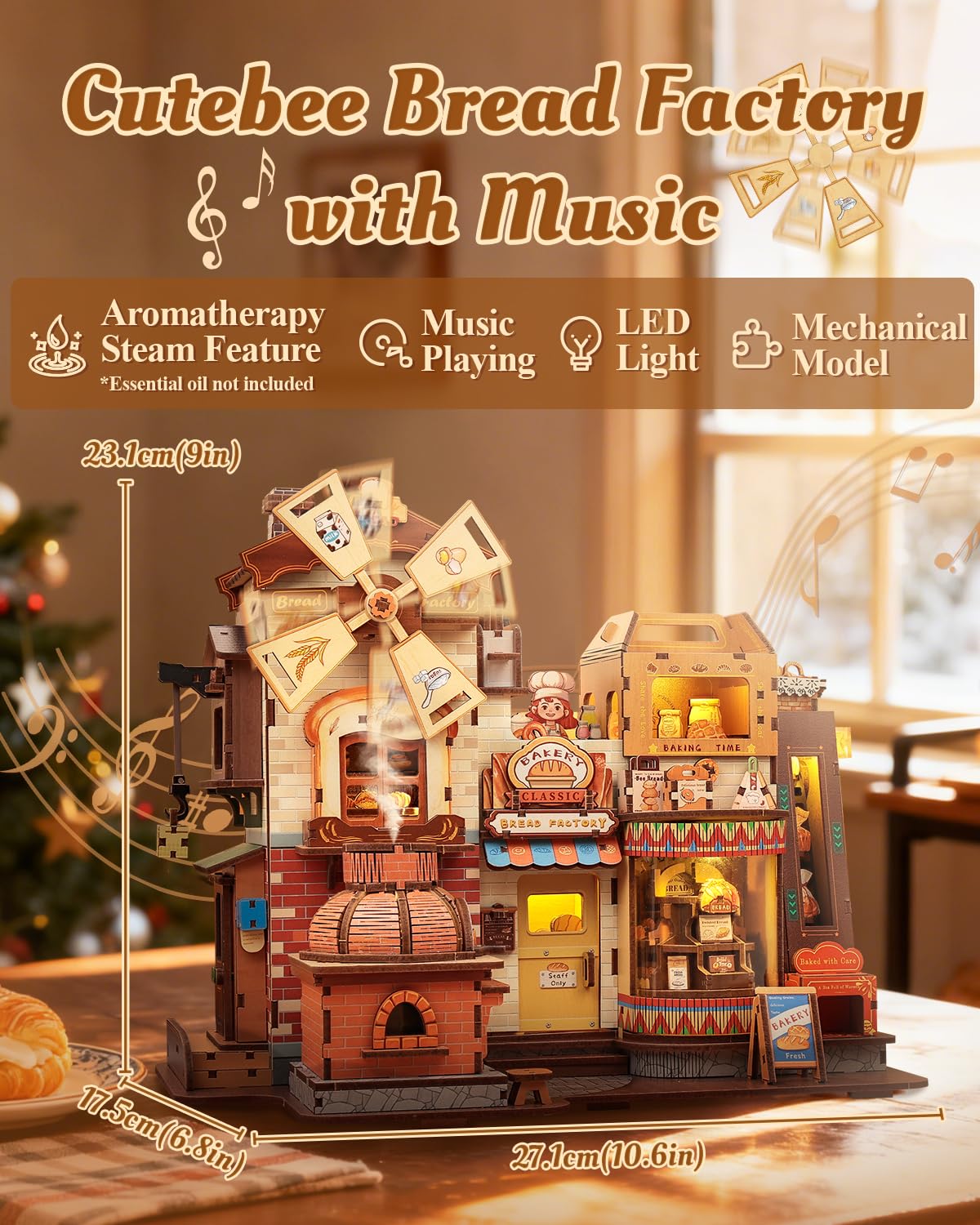 CUTEBEE 3D Wooden Puzzles for Adults - Bread Factory Bakery 576pcs Wooden Mechanical Model DIY Building Kit with Music and Lights, Bookshelf Decor, DIY Craft Gifts for Adults（Bread Factory）