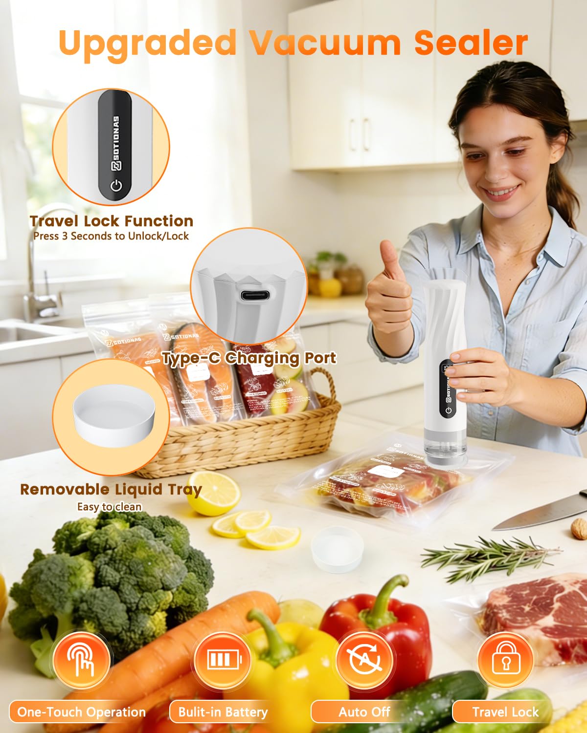 Compact Vacuum Sealer for Food (Vacuum Sealer Machine + 30 Reusable Vacuum Sealer Bags), Powerful Handheld Vacuum Sealer Machine with Lock Function, Preserve 8X Freshness, Portable for Travel