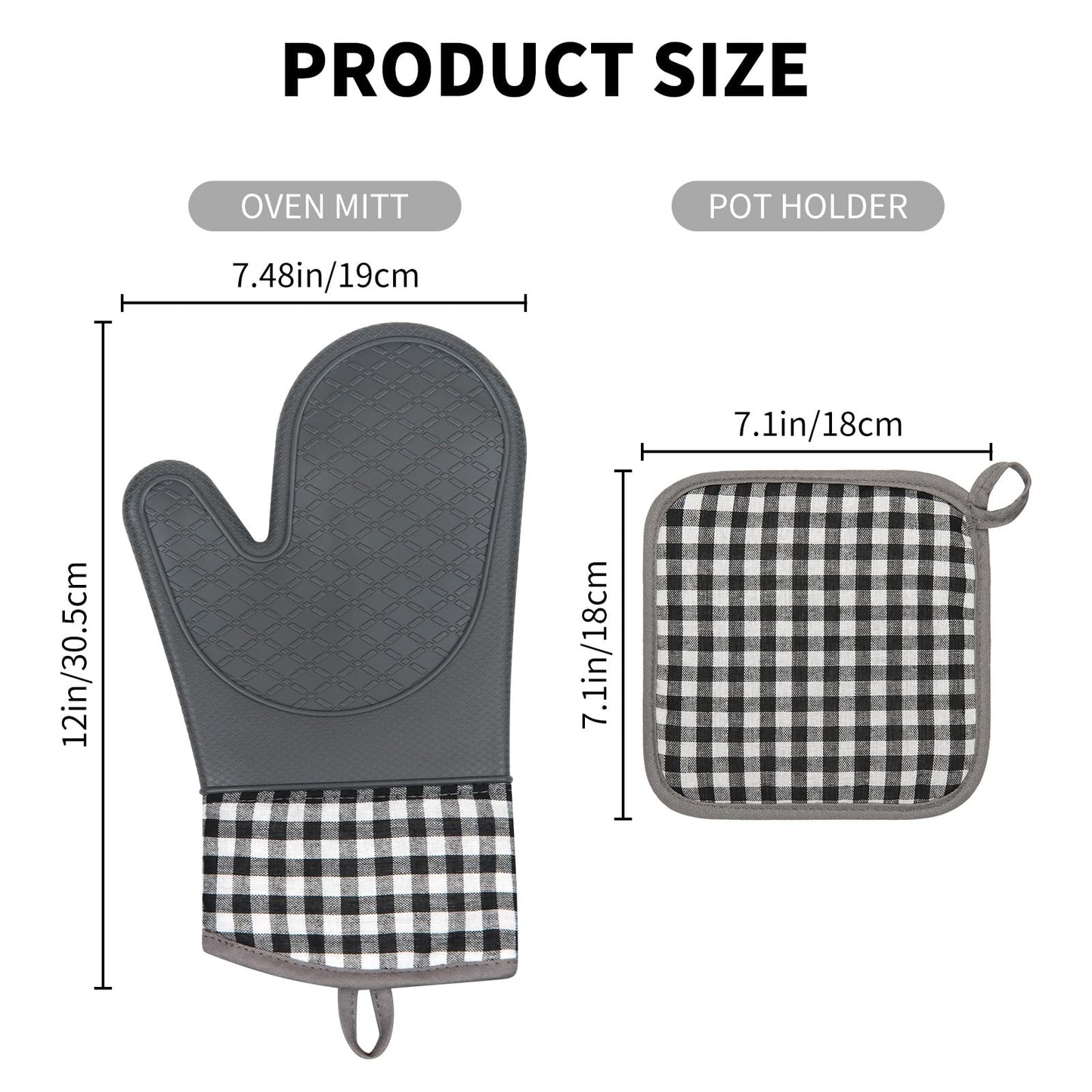 Tifanso Plaid Oven Mitts and Pot Holders 4-Piece Set, Oven Mitts Gloves Heat Resistant with Non-Slip Silicone Surface for Cooking Baking Grilling, Cotton Pot Holders Pads for Kitchen Cooking (Grey)
