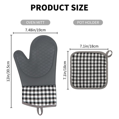 Tifanso Plaid Oven Mitts and Pot Holders 4-Piece Set, Oven Mitts Gloves Heat Resistant with Non-Slip Silicone Surface for Cooking Baking Grilling, Cotton Pot Holders Pads for Kitchen Cooking (Grey)